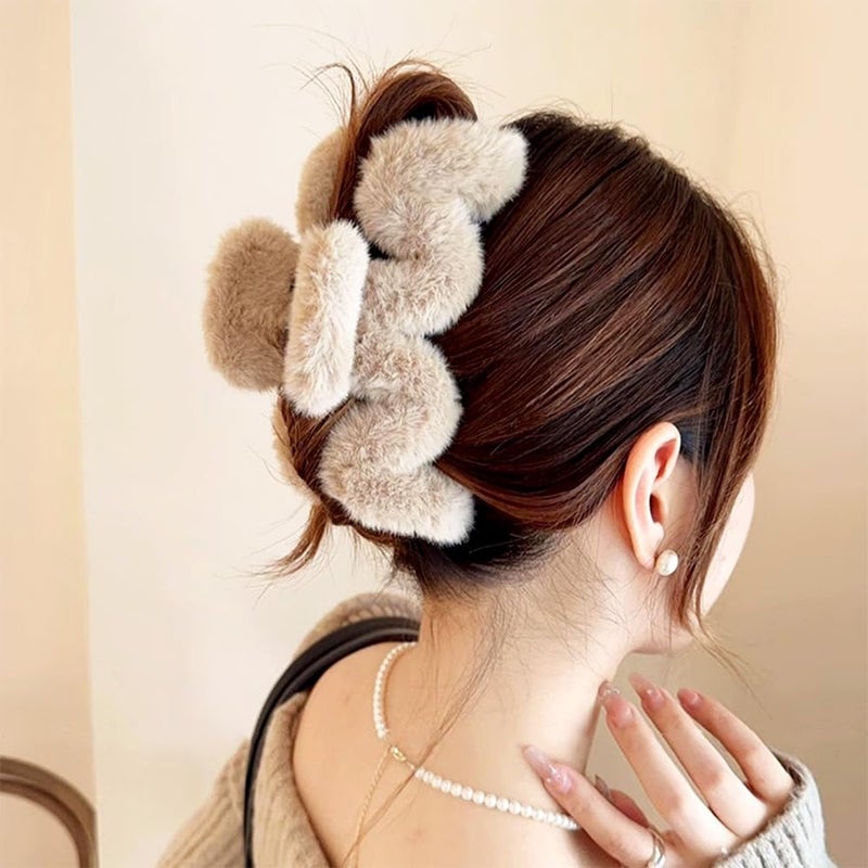 IPEWOEF 3Pcs Fuzzy Large Faux Fur M-Shaped Hair Claws Winter Plush Fluffy Wave Claw Clips - Image 3